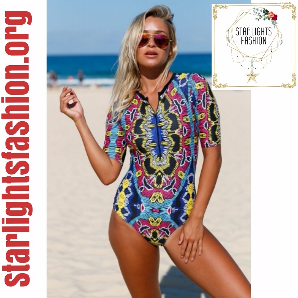 Abstract Print Zip Front Rashguard One Piece - Picture 4 of 6